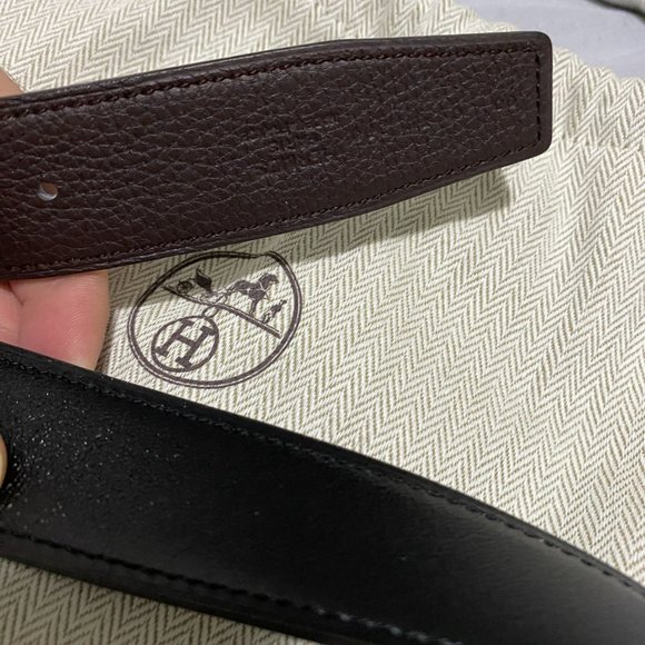 Hermes 32MM H Strie Belt Buckle with Reversible Leather Strap in Black/Chocolate - Picture 3 of 10